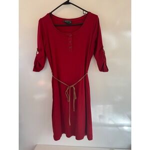 Lauren Ralph Lauren Petite Red Cotton Henley Roll Tab Sleeve Belted Dress PL